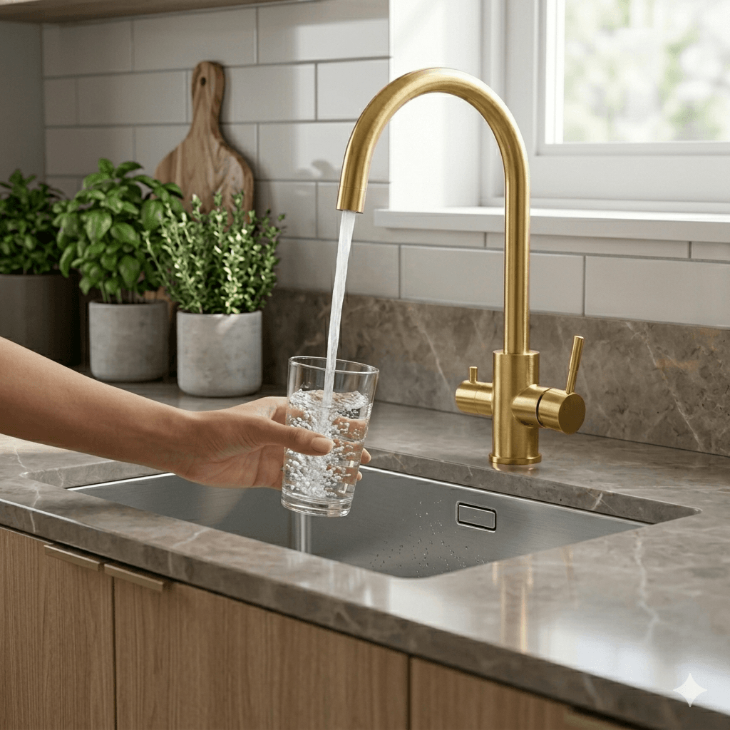 SLOVARM Drezová batéria trojcestná, zlatá, ES 3505, v kuchyni TERMOobchod